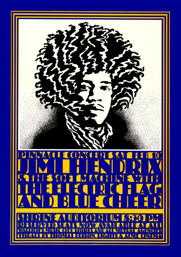 Jimi Hendrix Experience 1968 L.A. Shrine Auditorium Concert Poster featuring white, blue, and slate gray vertical artwork.