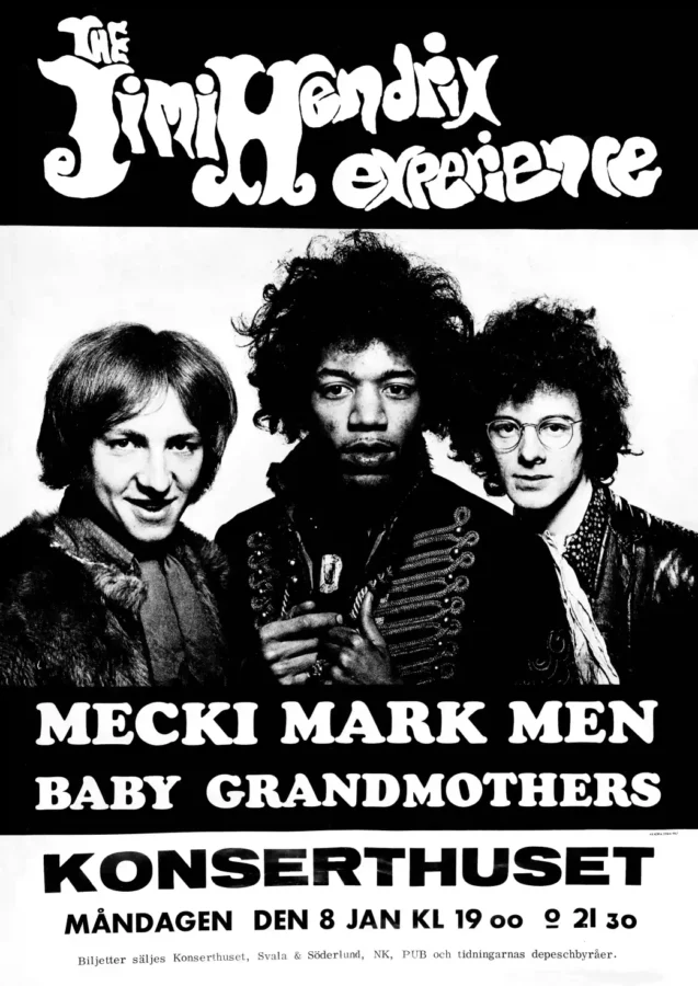 Jimi Hendrix Experience 1968 Large Stockholm, Sweden Concert Poster featuring black, white, and light gray vertical artwork.