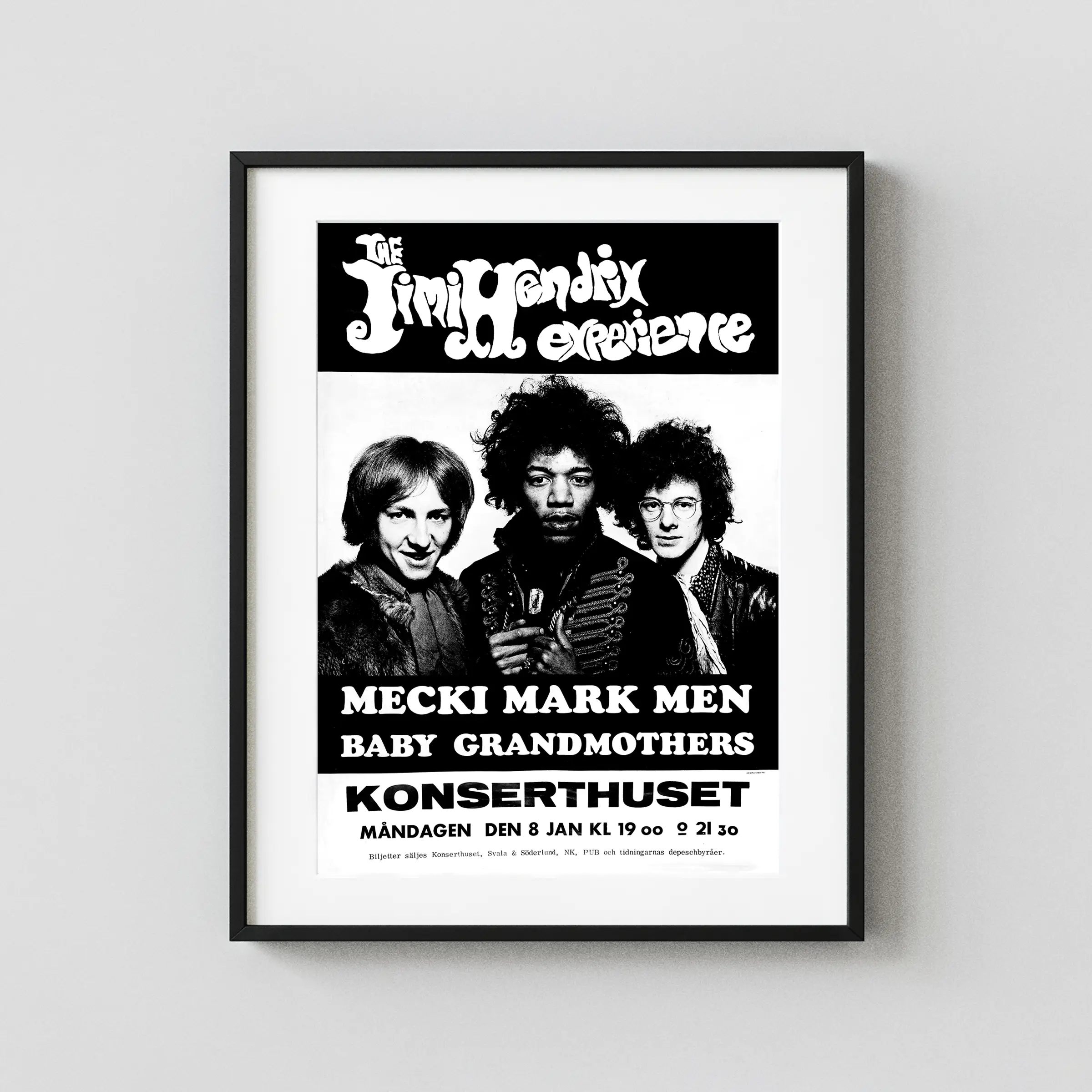 Jimi Hendrix Experience 1968 Large Stockholm, Sweden Concert Poster featuring black, white, and light gray vertical artwork.