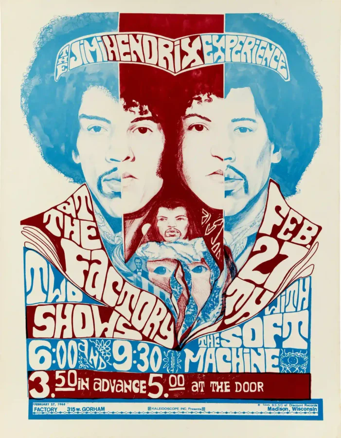 Jimi Hendrix Experience 1968 Madison, WI Concert Poster featuring cream, blue, and teal vertical artwork.