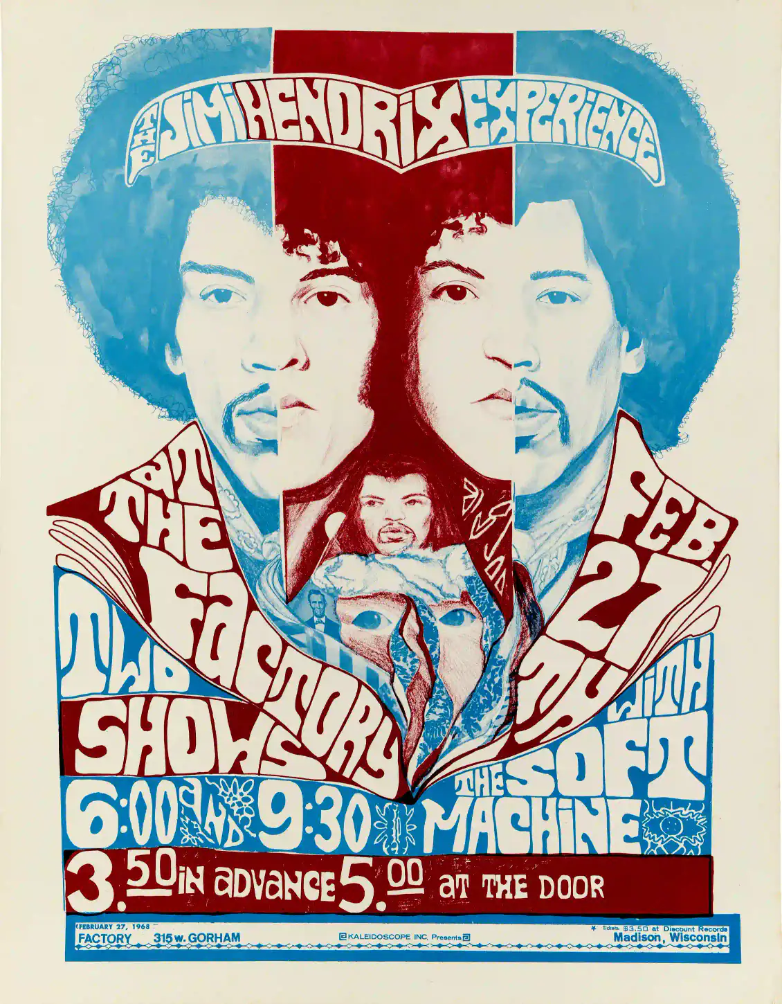 Jimi Hendrix Experience 1968 Madison, WI Concert Poster featuring cream, blue, and teal vertical artwork.
