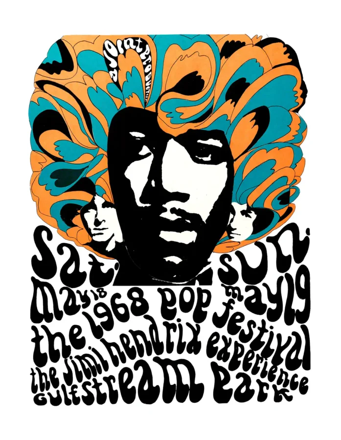Jimi Hendrix Experience poster with white, black, and slate gray artwork and period lettering.