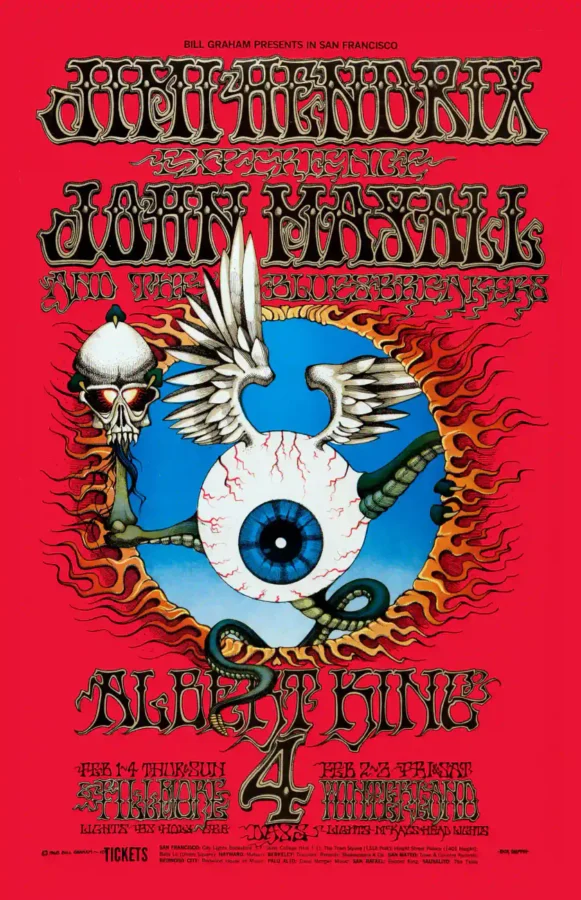 Jimi Hendrix Experience 1968 Second Printing "Flying Eyeball" Poster featuring red, white, and rose vertical artwork.