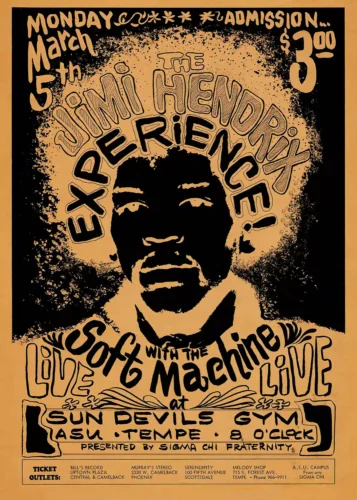Jimi Hendrix Experience 1968 Tempe, AZ College Gym Concert Poster