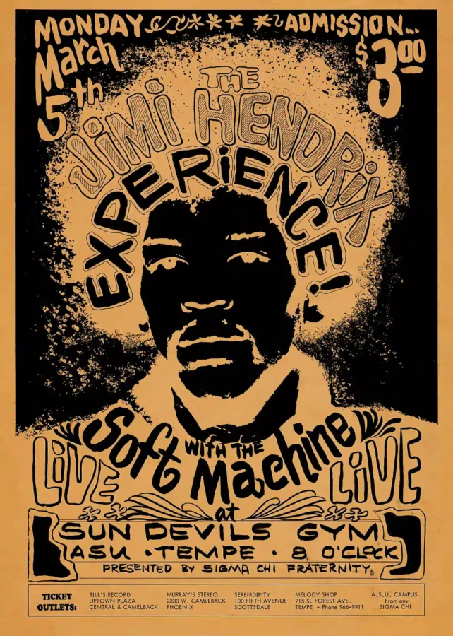 Jimi Hendrix Experience 1968 Tempe, AZ College Gym Concert Poster featuring black, yellow, and orange vertical artwork.
