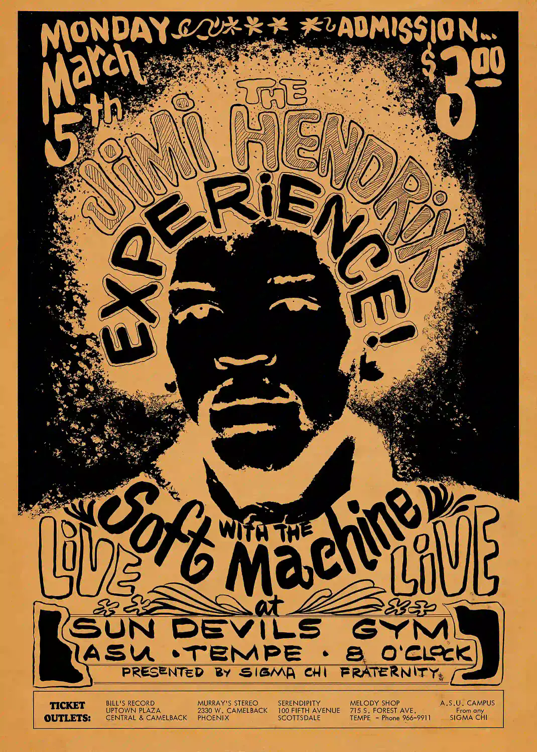 Jimi Hendrix Experience 1968 Tempe, AZ College Gym Concert Poster featuring black, yellow, and orange vertical artwork.