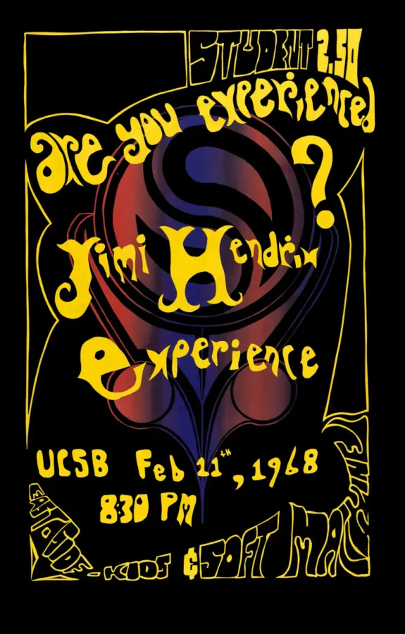 Jimi Hendrix Experience 1968 UCSB Santa Barbara, CA Concert Poster featuring black, yellow, and white vertical artwork.