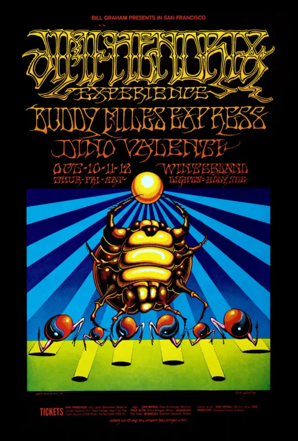 Jimi Hendrix Experience 1968 Winterland Concert Poster featuring black, brown, and white vertical artwork.