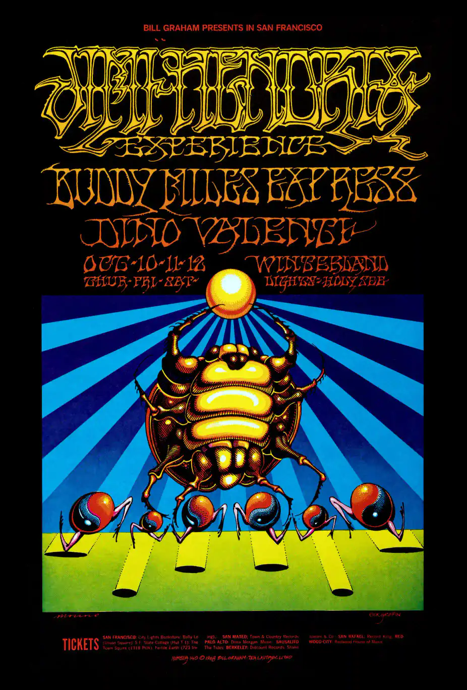 Jimi Hendrix Experience 1968 Winterland Concert Poster featuring black, brown, and white vertical artwork.