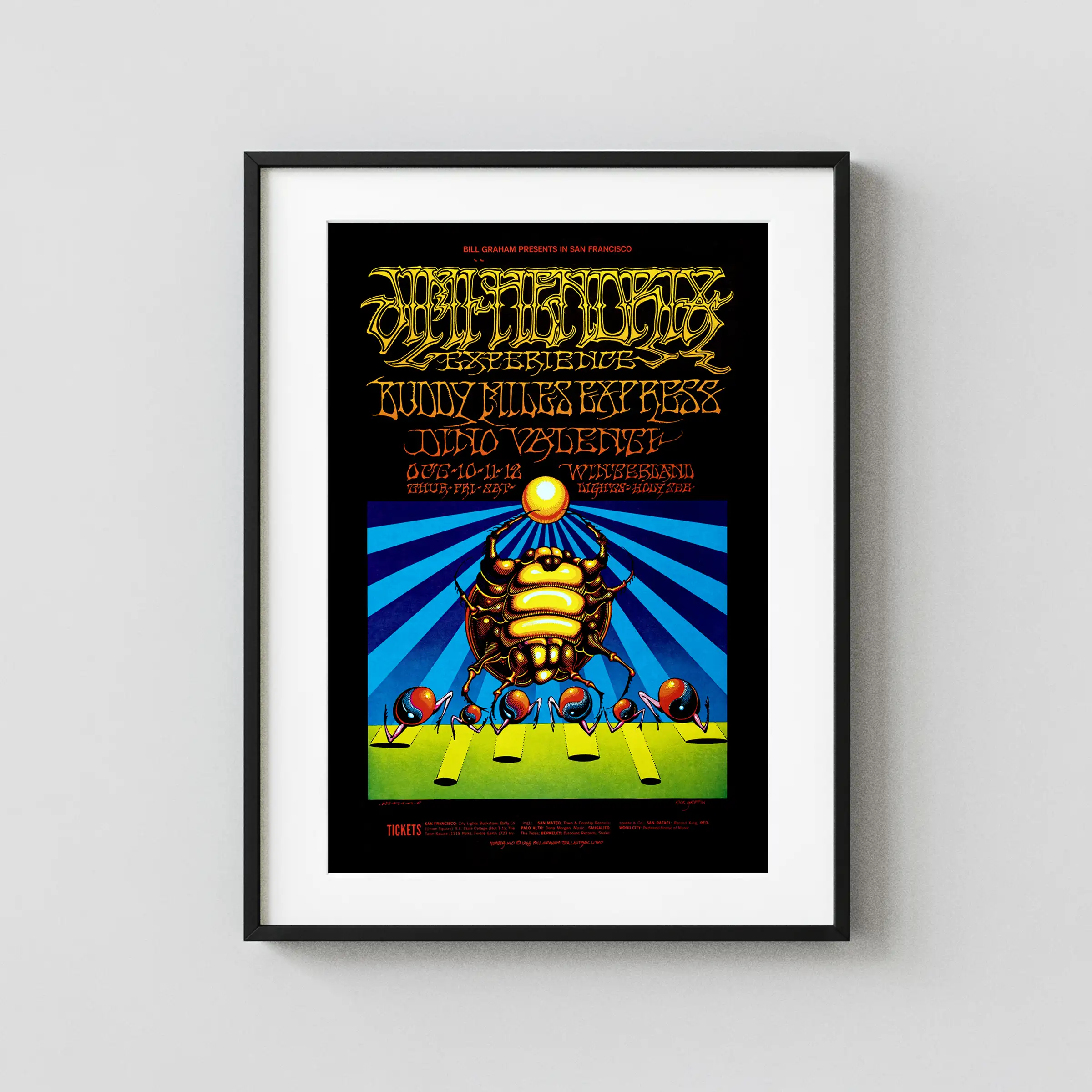 Jimi Hendrix Experience 1968 Winterland Concert Poster featuring black, brown, and white vertical artwork.