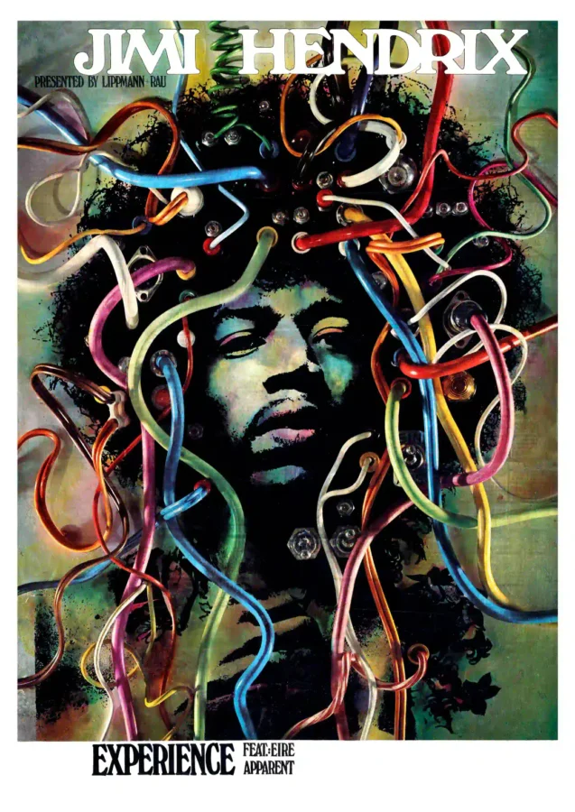 Jimi Hendrix Experience poster with black, white, and yellow artwork and period lettering.