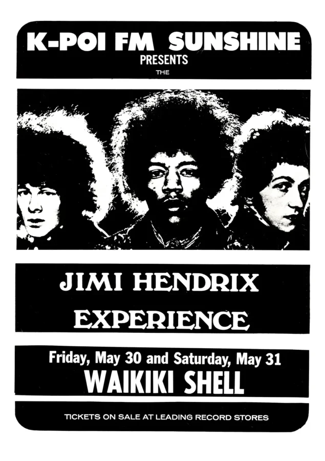 Jimi Hendrix Experience 1969 Honolulu, HI Concert Poster featuring black, white, and charcoal vertical artwork.