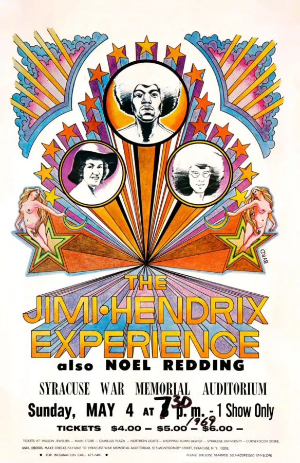 Jimi Hendrix Experience 1969 Syracuse, NY Concert Poster featuring white, gray, and yellow vertical artwork.