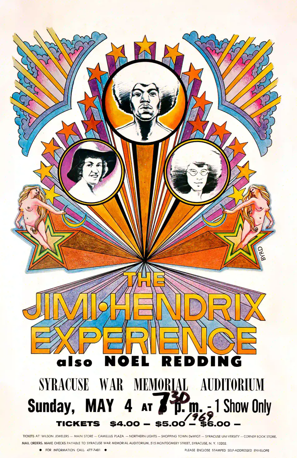 Jimi Hendrix Experience 1969 Syracuse, NY Concert Poster featuring white, gray, and yellow vertical artwork.