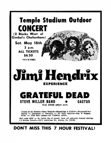 Jimi Hendrix Experience, Grateful Dead 1970 Philadelphia, PA Concert Poster