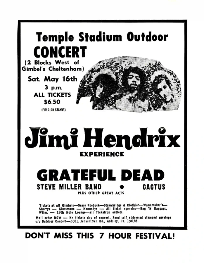 Jimi Hendrix Experience, Grateful Dead poster with white, gray, and slate gray artwork and period lettering.