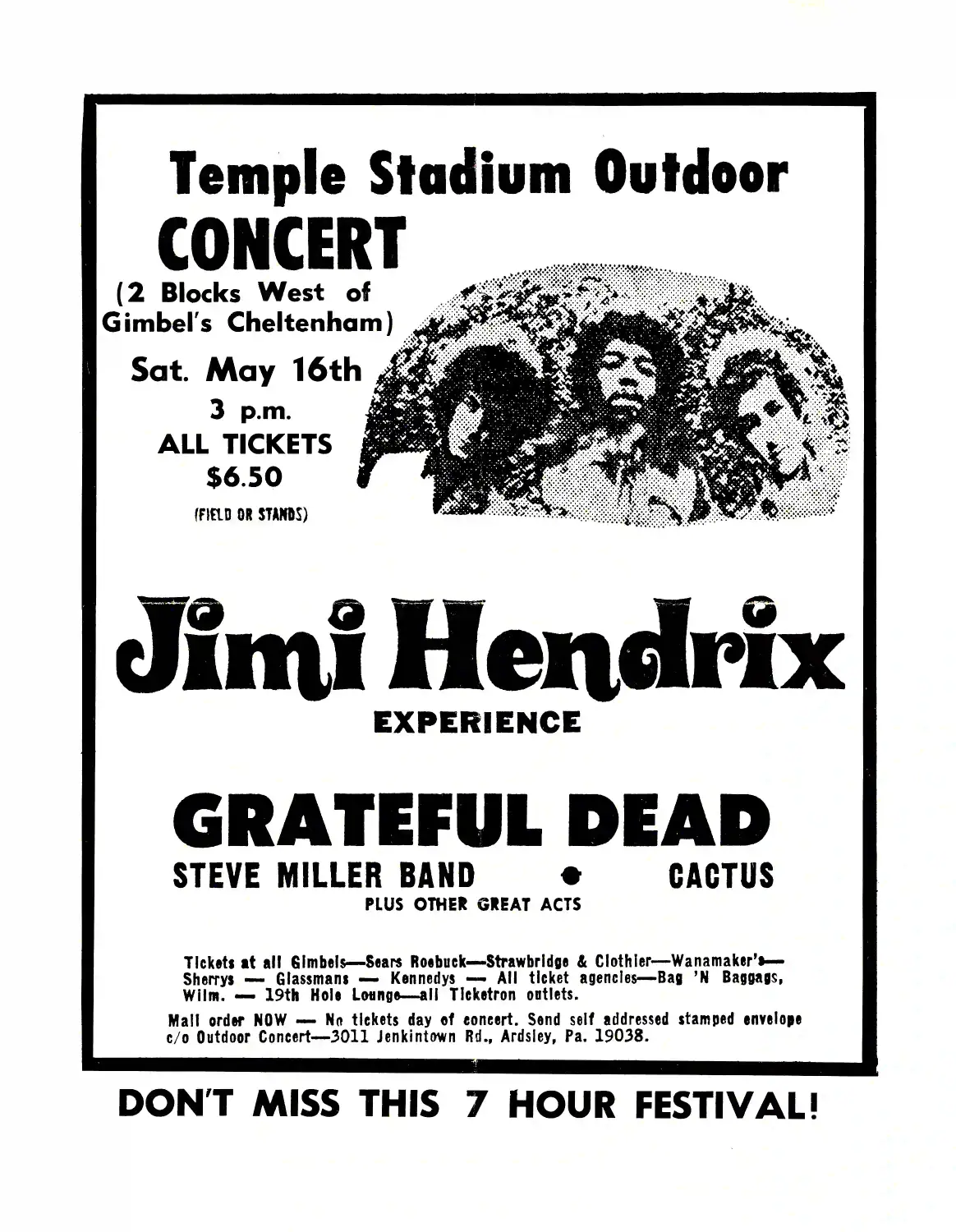 Jimi Hendrix Experience, Grateful Dead poster with white, gray, and slate gray artwork and period lettering.