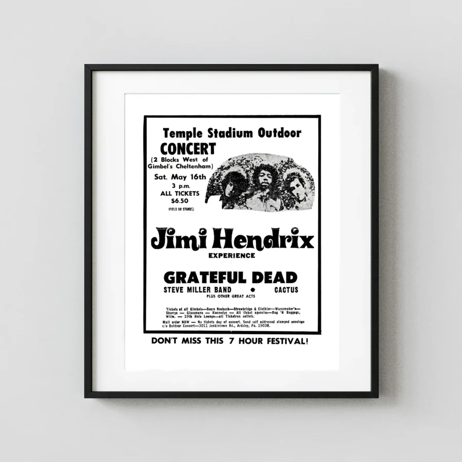 Jimi Hendrix Experience, Grateful Dead 1970 Philadelphia, PA Concert Poster