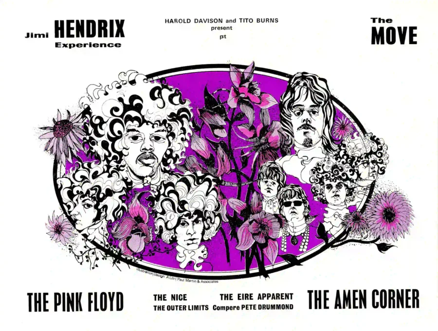 Jimi Hendrix Experience, Pink Floyd, the Move 1967 UK Concert Poster featuring white, light gray, and gray vertical artwork.