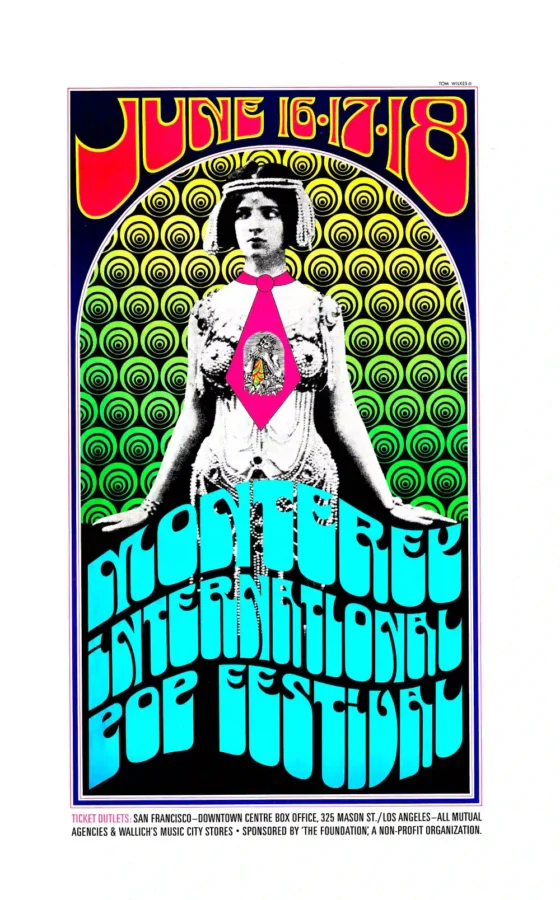 Jimi Hendrix, Janis Joplin, the Who poster with white, teal, and light gray artwork and period lettering.