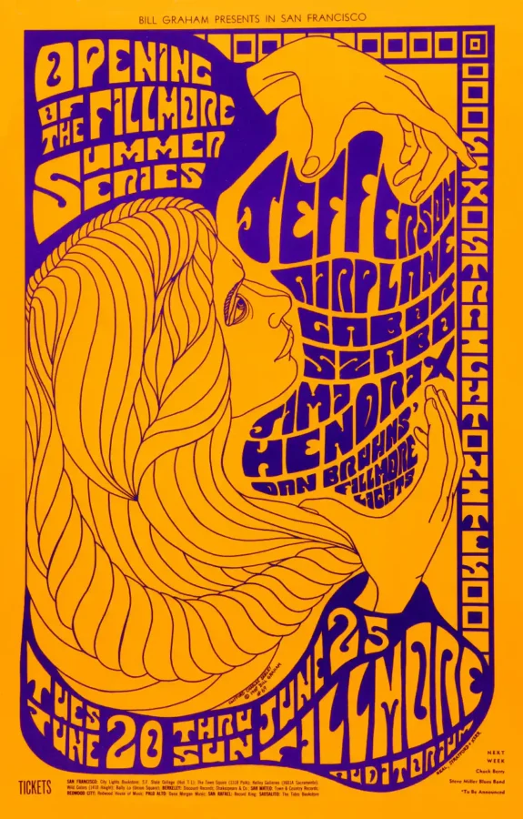 Jimi Hendrix, Jefferson Airplane 1967 Fillmore Concert Poster featuring yellow, orange, and magenta vertical artwork.