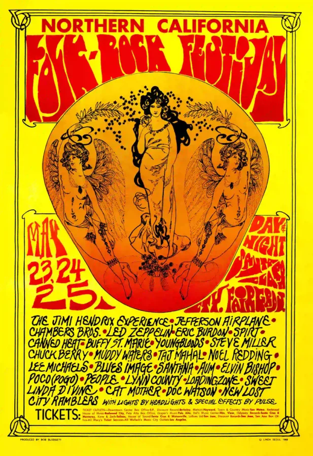 Jimi Hendrix, Led Zeppelin 1969 Northern California Poster featuring yellow, orange, and red vertical artwork.