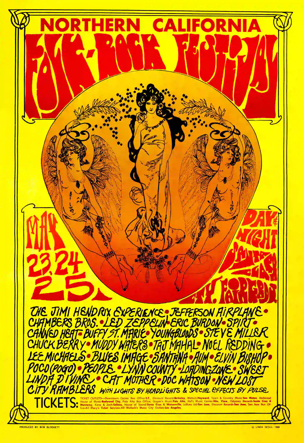 Jimi Hendrix, Led Zeppelin 1969 Northern California Poster featuring yellow, orange, and red vertical artwork.