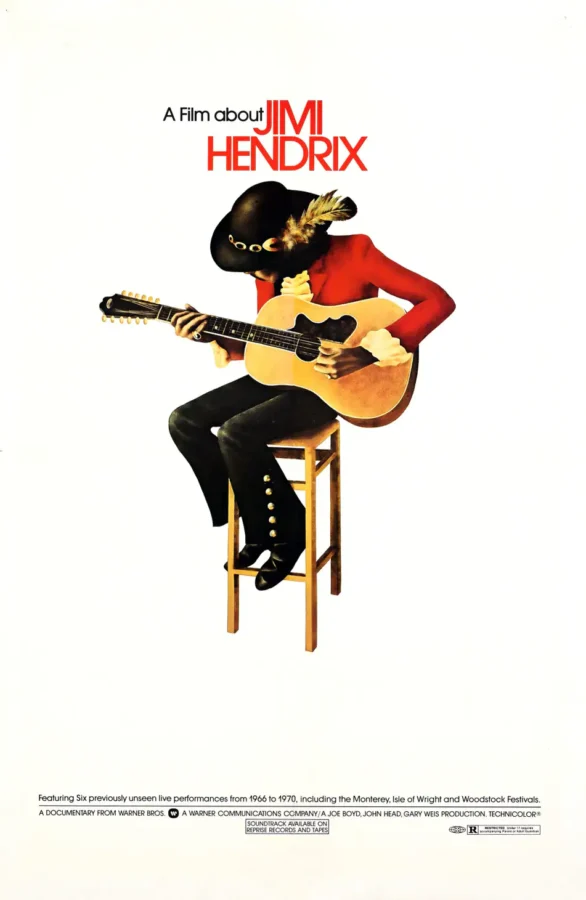 Jimi Hendrix (Warner Bros., 1973) Music Poster featuring white, light gray, and black vertical artwork.