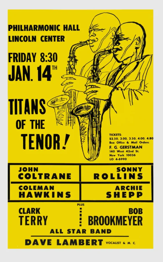 John Coltrane 1966 Philharmonic Hall, New York Concert Poster featuring yellow and light gray vertical artwork.