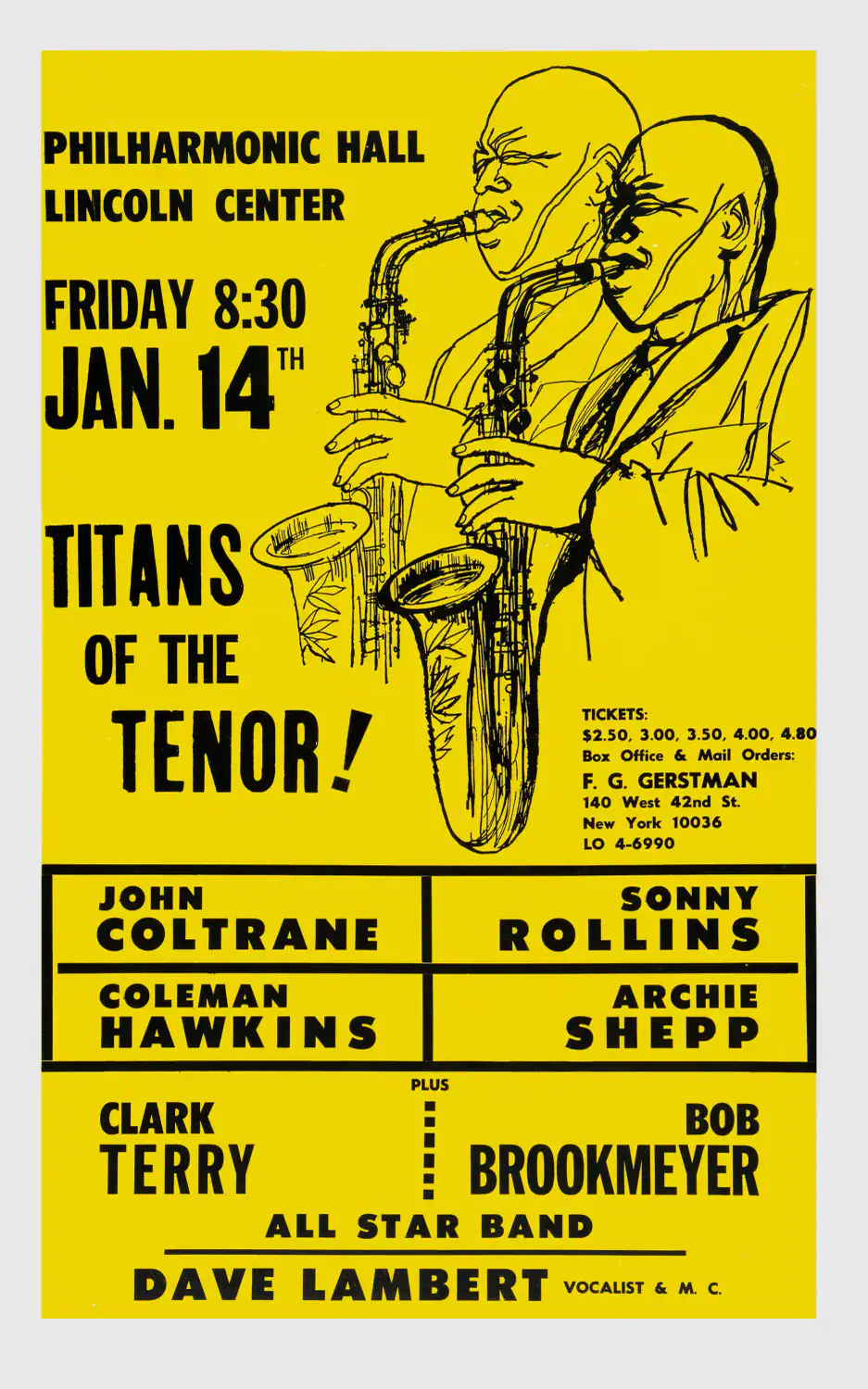 John Coltrane 1966 Philharmonic Hall, New York Concert Poster featuring yellow and light gray vertical artwork.