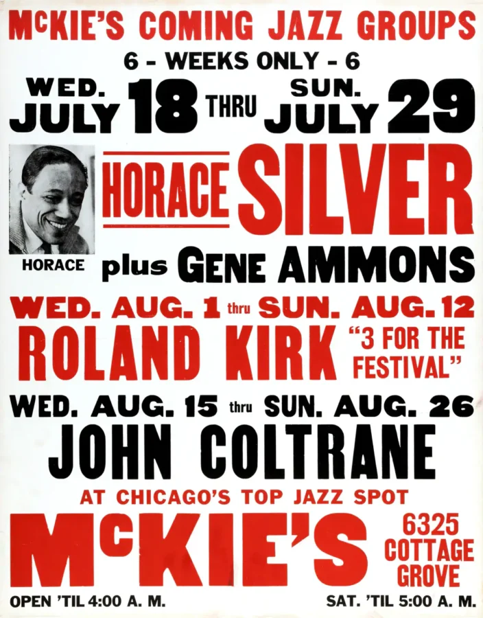 John Coltrane, Roland Kirk, Horace Silver 1962 Chicago, IL Concert Poster featuring white, red, and gray vertical artwork.