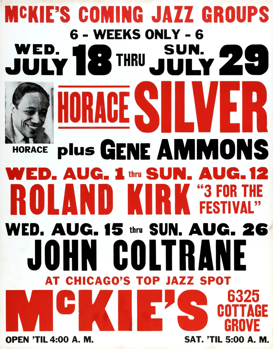 John Coltrane, Roland Kirk, Horace Silver 1962 Chicago, IL Concert Poster featuring white, red, and gray vertical artwork.