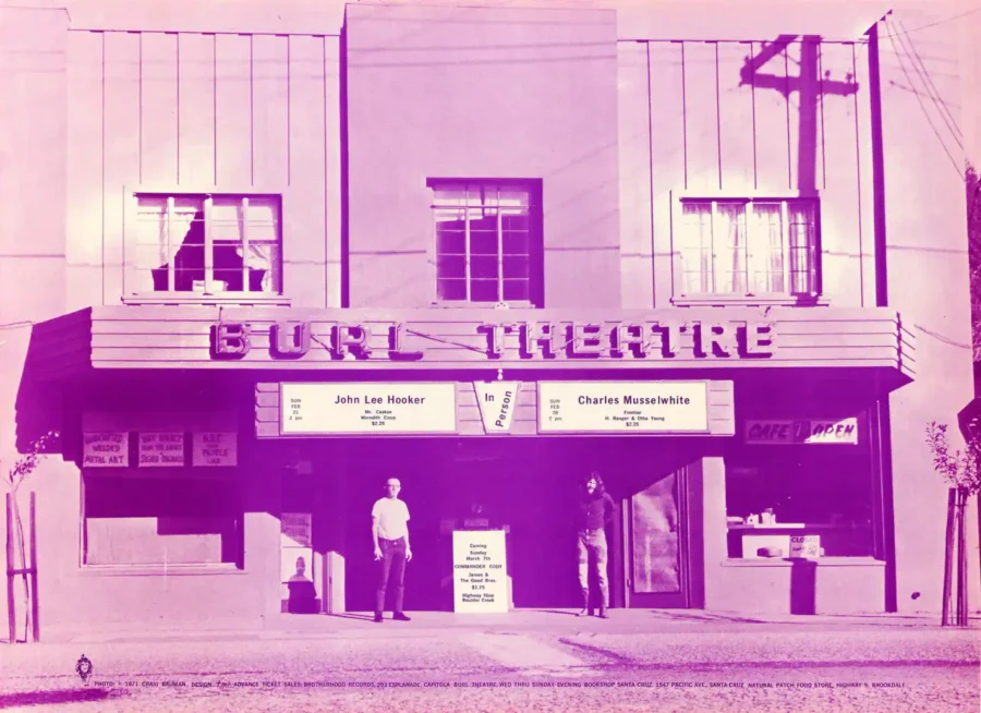 John Lee Hooker, Charles Musselwhite poster with white, pink, and magenta artwork and period lettering.