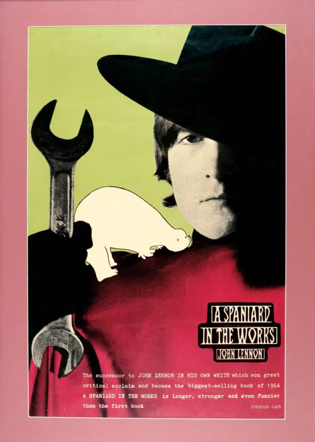 John Lennon Promotional Poster for a Spaniard in the Works (Circa 1965) featuring black, red, and white vertical artwork.