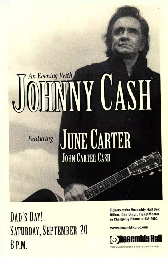 Johnny Cash 1997 Urbana-Champaign, IL Concert Poster featuring cream, black, and yellow vertical artwork.