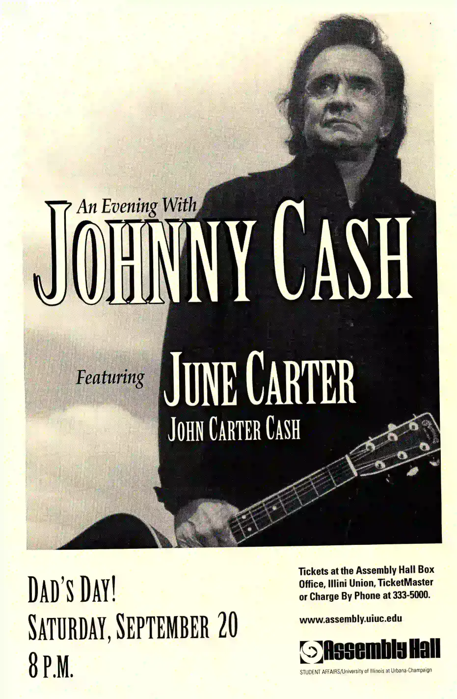 Johnny Cash 1997 Urbana-Champaign, IL Concert Poster featuring cream, black, and yellow vertical artwork.