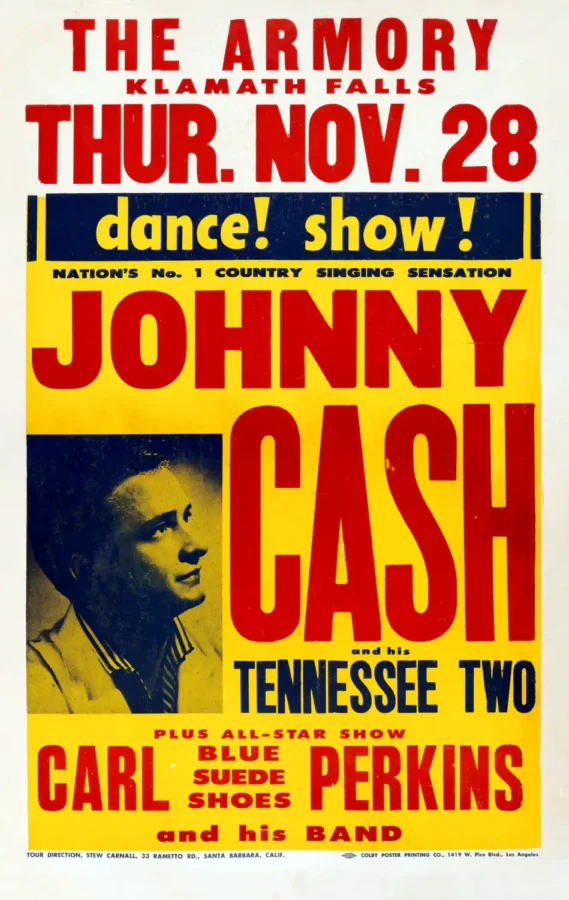 Johnny Cash, Carl Perkins 1957 Klamath Falls, OR Concert Poster featuring white, red, and yellow vertical artwork.
