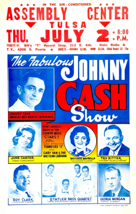 Johnny Cash, June Carter 1964 Tulsa, OK Concert Poster featuring white, blue, and rose vertical artwork.
