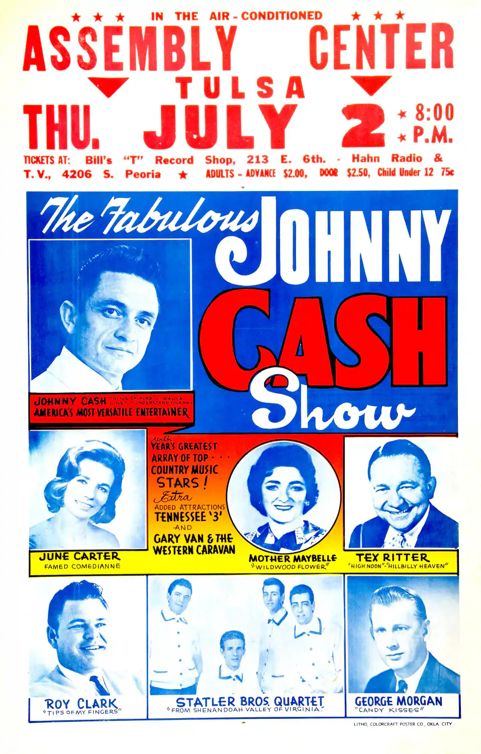 Johnny Cash, June Carter 1964 Tulsa, OK Concert Poster featuring white, blue, and rose vertical artwork.