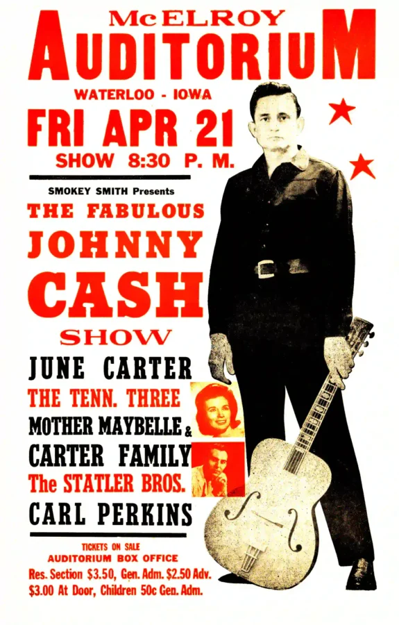 Johnny Cash, June Carter, Carl Perkins 1967 Waterloo, IA Concert Poster featuring white, black, and gray vertical artwork.