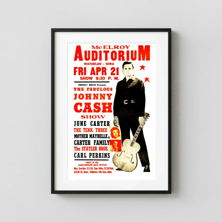 Johnny Cash, June Carter, Carl Perkins 1967 Waterloo, IA Concert Poster