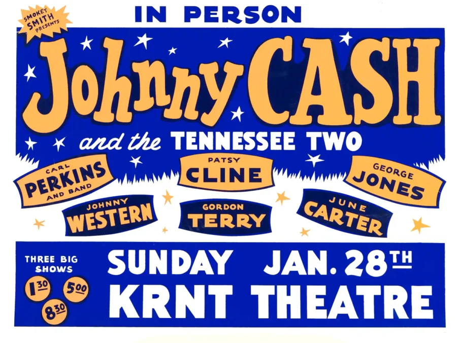 Johnny Cash, Patsy Cline, George Jones & Carl Perkins 1962 Concert Poster featuring white, gray, and blue vertical artwork.