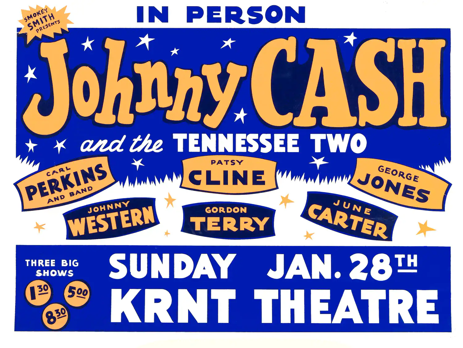 Johnny Cash, Patsy Cline, George Jones & Carl Perkins 1962 Concert Poster featuring white, gray, and blue vertical artwork.