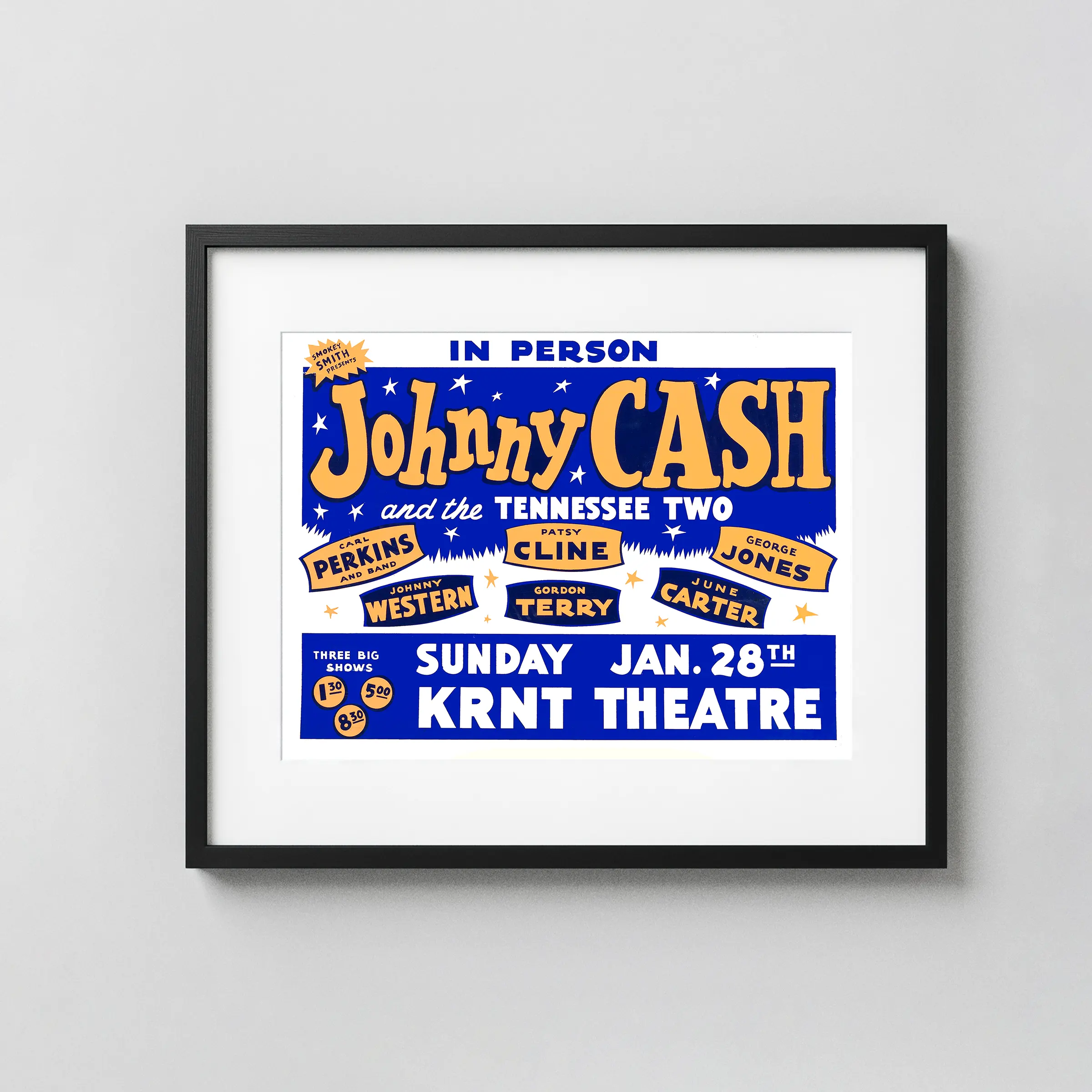 Johnny Cash, Patsy Cline, George Jones & Carl Perkins 1962 Concert Poster featuring white, gray, and blue vertical artwork.