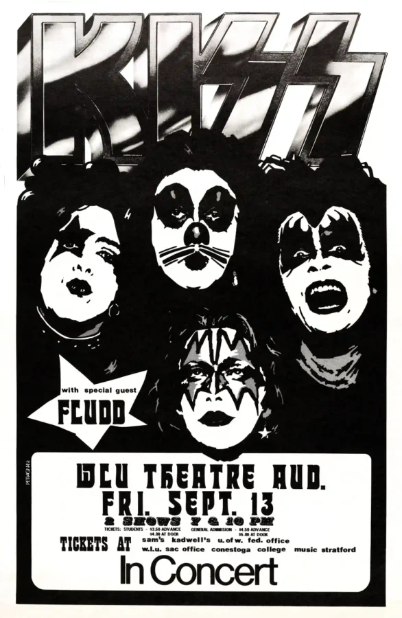 KISS 1974 First-Album-Tour Concert Poster from Ontario, Canada featuring white, black, and gray vertical artwork.