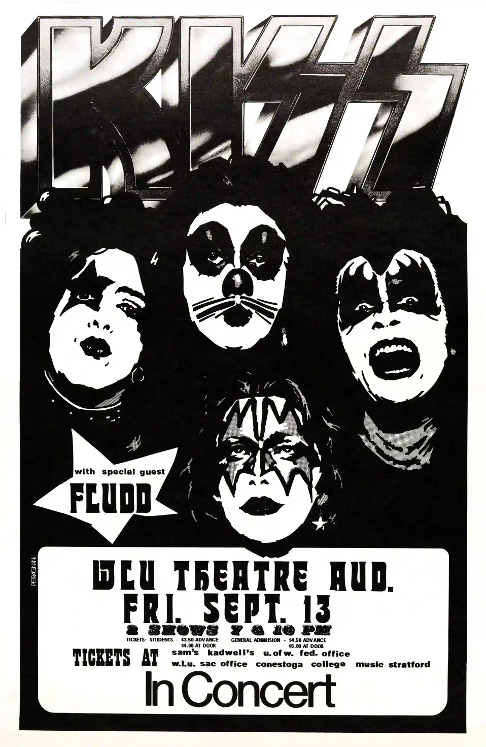 KISS 1974 First-Album-Tour Concert Poster from Ontario, Canada featuring white, black, and gray vertical artwork.