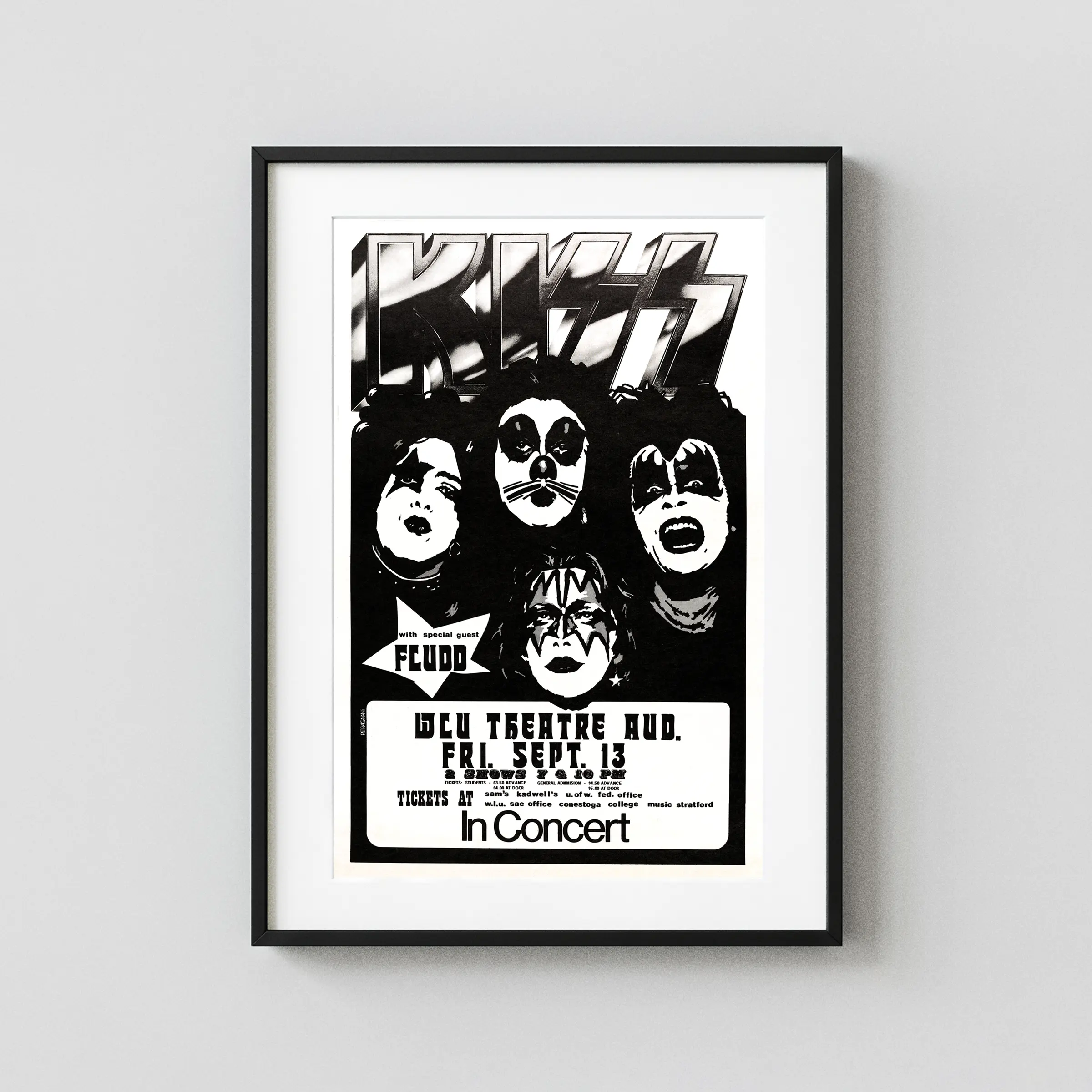 KISS 1974 First-Album-Tour Concert Poster from Ontario, Canada featuring white, black, and gray vertical artwork.