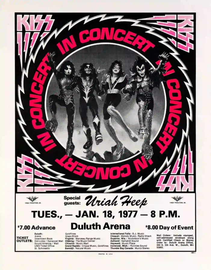 KISS 1977 Duluth, MN Rock and Roll Over Tour Concert Poster featuring white, charcoal, and black vertical artwork.