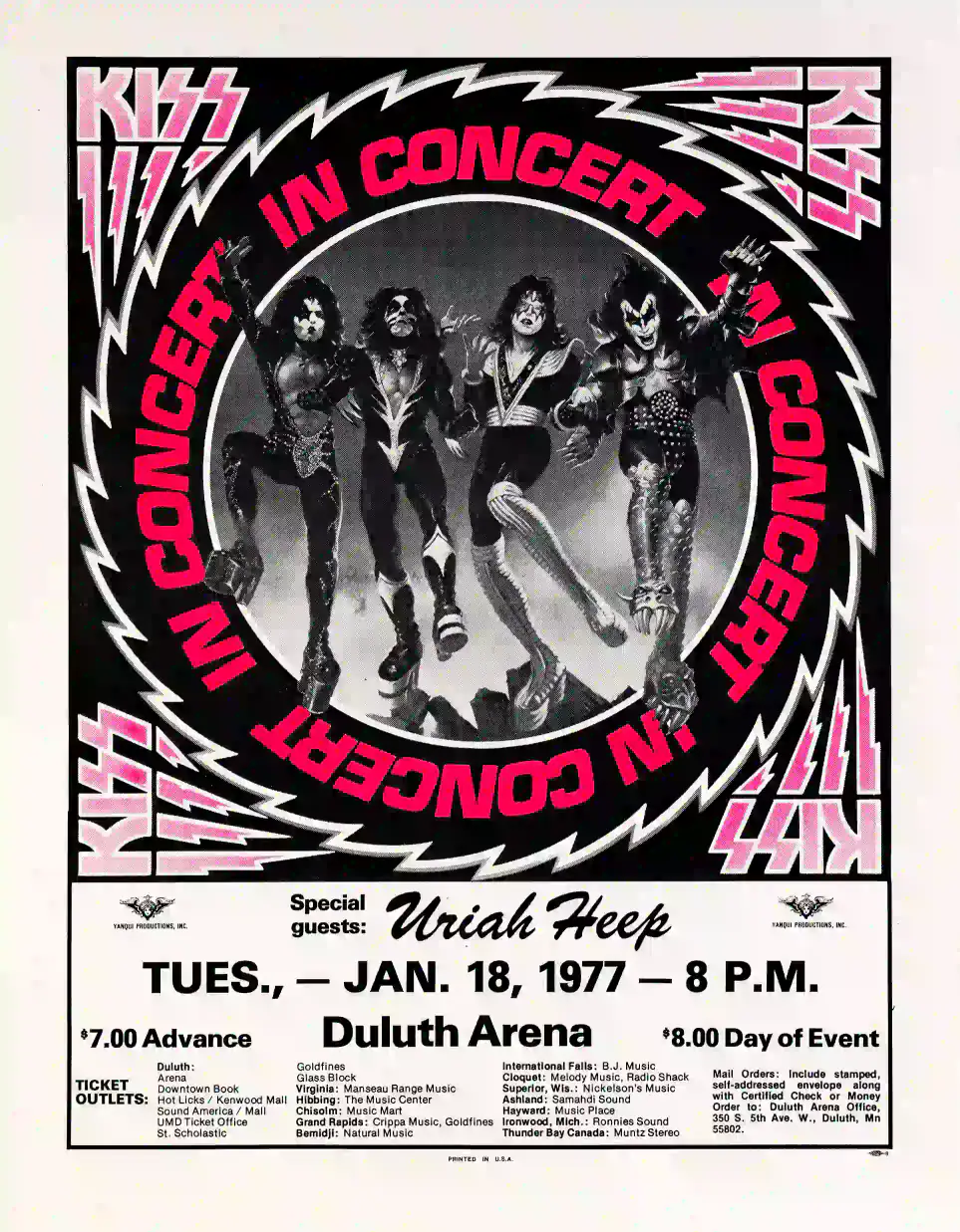 KISS 1977 Duluth, MN Rock and Roll Over Tour Concert Poster featuring white, charcoal, and black vertical artwork.