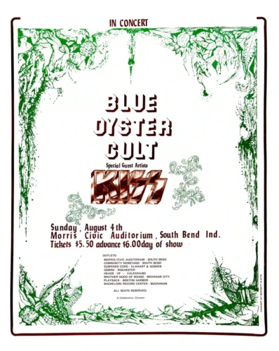 KISS, Blue ÖYster Cult 1974 South Bend, IN Concert Poster